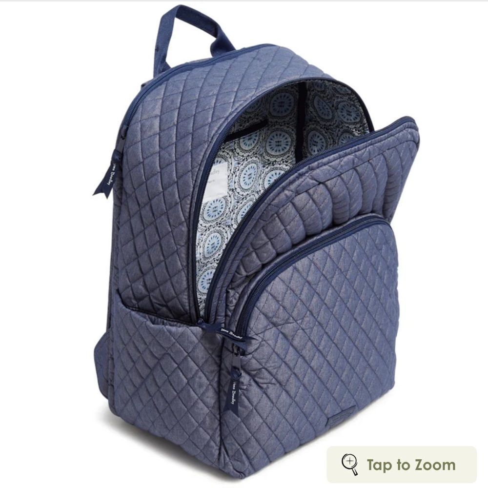 Vera Bradley Denim Moonlight Navy Large Laptop Essential Quilted Backpack 31L - Picture 3 of 15
